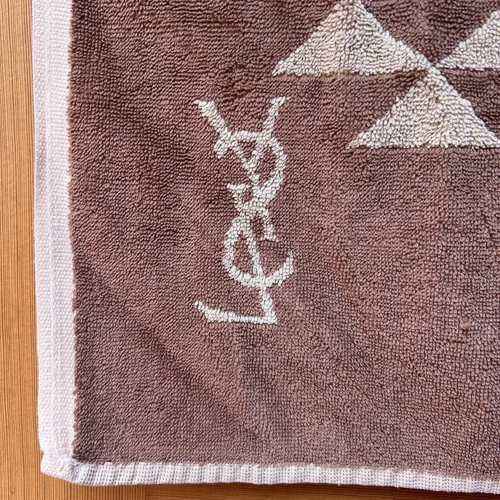 VTG 70s Yves Saint Laurent YSL Luxury Bath Towel Logo Brown/Beige Geometric Mod